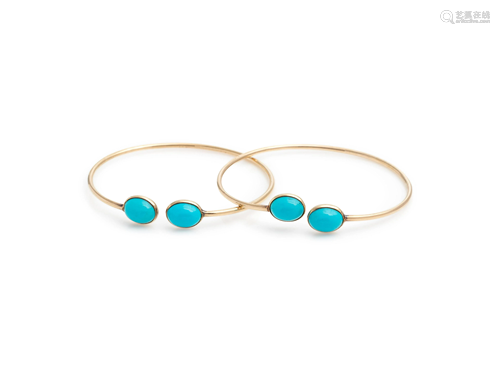 PAIR OF YELLOW GOLD AND TURQUOISE CUFF BRAC…