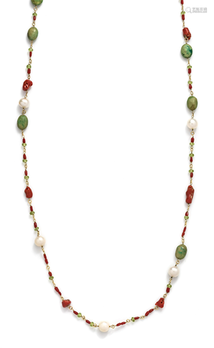 CORAL, PERIDOT, CULTURED PEARL AND GREEN…