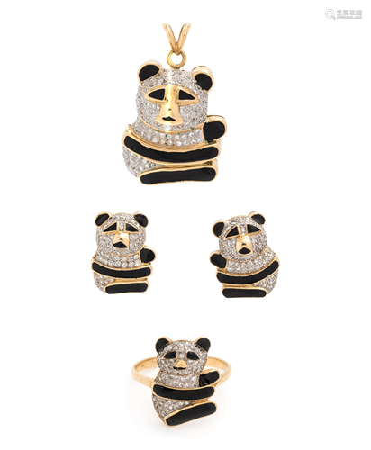 DIAMOND AND ENAMEL PANDA SET