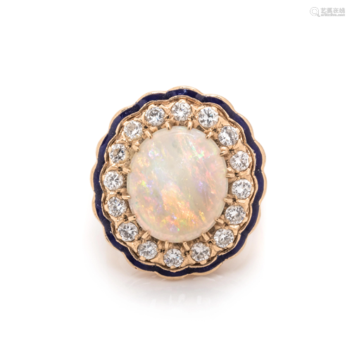 OPAL, DIAMOND AND ENAMEL RING