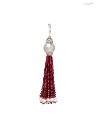 CULTURED SOUTH SEA PEARL, RUBY AND DIAMOND …