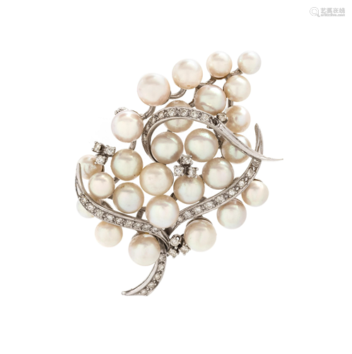 CULTURED PEARL AND DIAMOND BROOCH