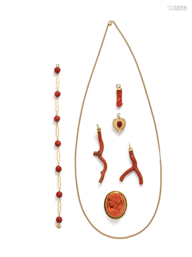 COLLECTION OF YELLOW GOLD AND CORAL J…