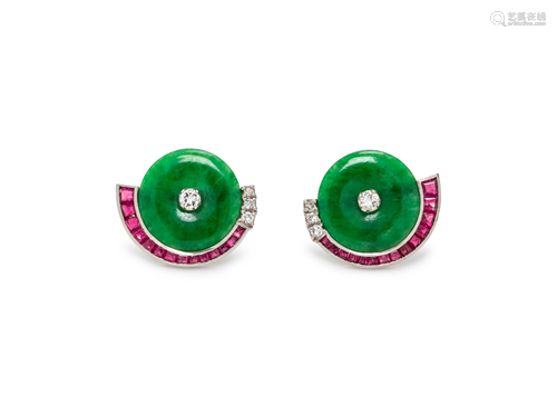 JADE, DIAMOND AND RUBY EARRINGS