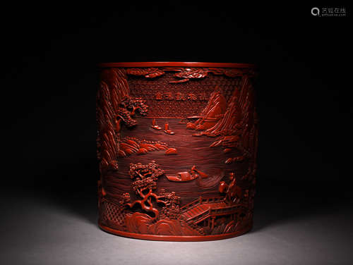 A  RED LACQUER  CARVED  LARGE  BRUSH  POT  PAINTED  WITH PICTURE OF 