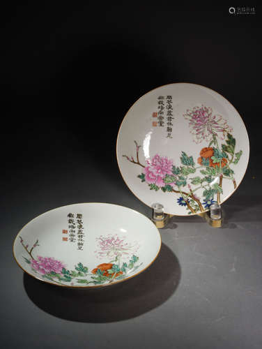 A  PAIR  OF  PASTEL PLATES PAINTED  WITH  FLOWERS  AND  POETRY  IN  QING QIANLONG