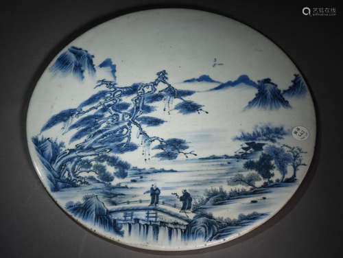 A BLUE  AND  WHITE PORCELAIN BOARD PAINTED WITH MOUNTAINS  AND  RIVERS IN QING DYNASTY