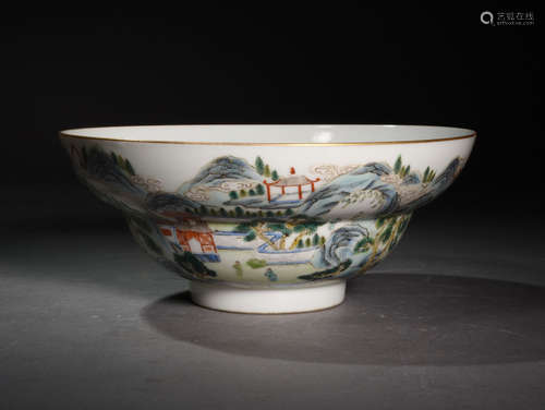 A PASTEL LANDSCAPE BOWL WITH A FLDED  RIM  IN QING  JIAQING