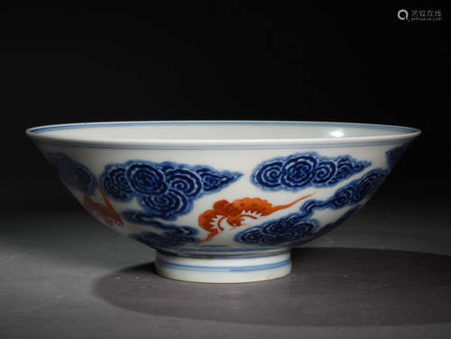 A BLUE  AND  WHITE  ALUM RED  BOWL  WITH  CLOUD  BAT  PATTERN IN  QING  XUANTONG