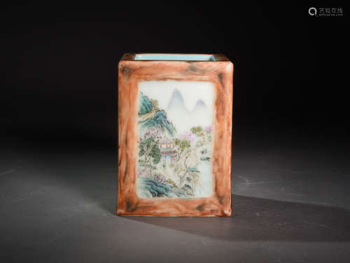 A  PASTEL  CONSECRATED   LANDSCAPE BRUSH  POT WITH  IMITATION STONE PATTERN IN  QING  QIANLONG