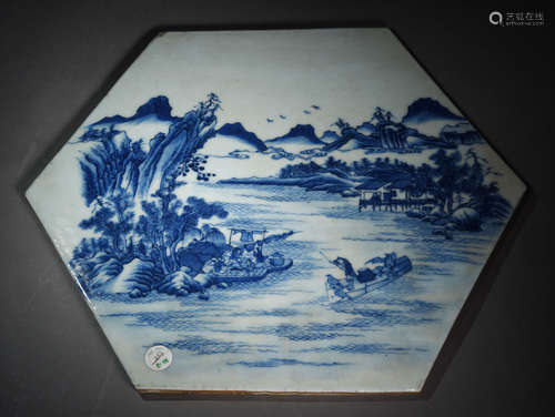 A BLUE  AND  WHITE  LANDSCAPE PORCELAIN  BOARD  PAINTED  WITH  PICTURE OF LANDSCAPE  AND VISITING  FRIEND IN QING  DYNASTY