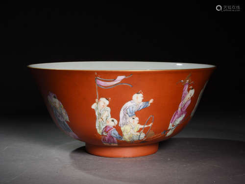 A ROUGE  CILORED  BOWL PAINTED WITH BABY  PLAYING  IN  QING  QIANLONG