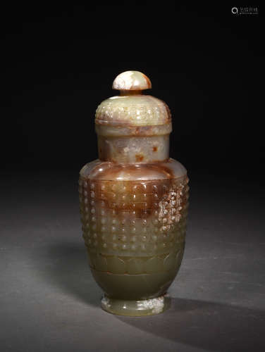 A  HETIAN JADE  MEDICINE  POT WITH  LOTUS PETAL UPWARD  AND CLOUDSCAPE IN THE  WARRING  STATEA  TIME