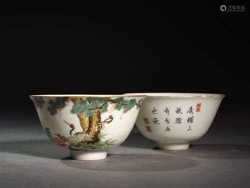 AN PAIR  OF ENAMEL FLOWER  PRINTING  BOWLS  PAINTED  WITH  SONGHAK   PATTERNS IN  QING  QIANLONG