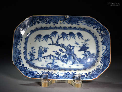 A  BLUE  AND  WHITE PLATE  PAINTED  WITH  LANDSCAPE  AND  CHARACTERS  IN QING  QIANLONG