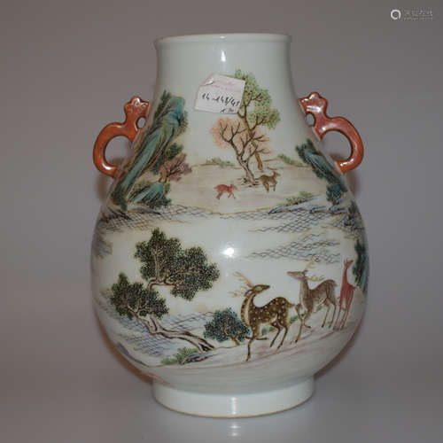 QIANLONG FAMILLE ROSE HUNDRED DEER ZUN VASE