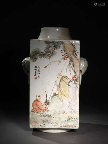 A LIGHT COLORED  ELEPHANT  EAR  CONG-SHAPED  BOTTLE  PAINTED  WITH  POETRY CHARACTERS IN  THE REPUBLIC  OF  CHINA