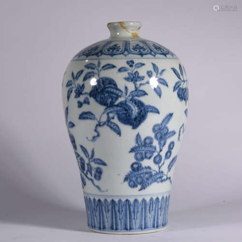 A BLUE AND WHITE LOTUS SCROLL PLUM VASE, 16TH CENTURY