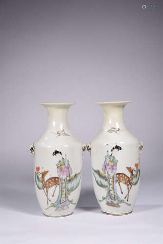 A PAIR OF ENAMEL VASES PAINTED IN QING  PERIOD