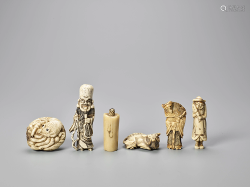 A GROUP OF SIX BONE AND STAG ANTLER NETSUKE