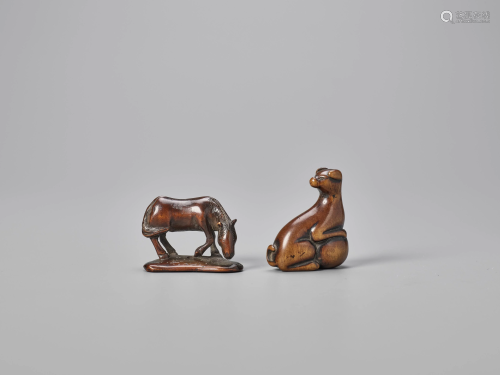 TWO WOOD NETSUKE OF A HORSE AND A DOG WI…