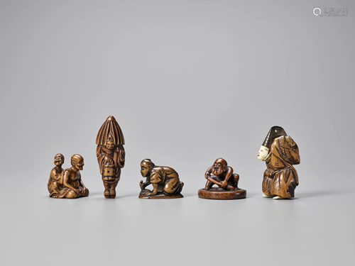 FIVE WOOD NETSUKE, TWO SIGNED