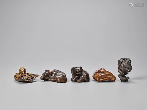 FIVE WOOD NETSUKE, TWO SIGNED