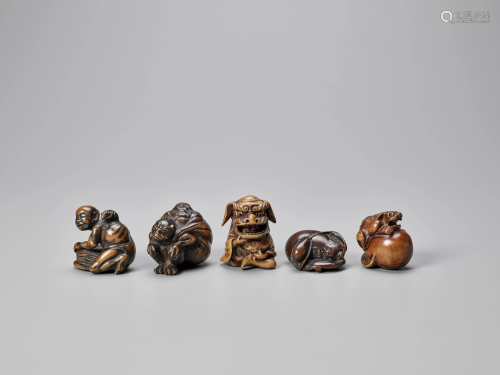 FIVE WOOD NETSUKE, TWO SIGNED