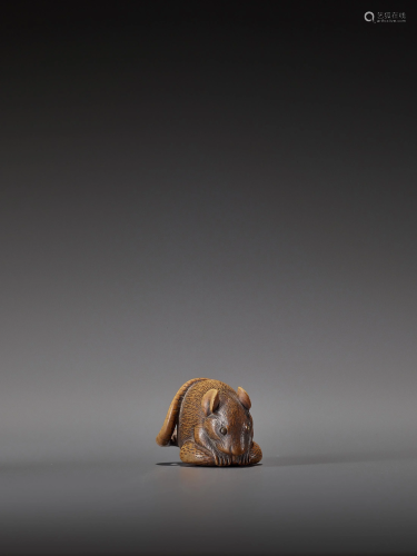 A WOOD NETSUKE OF A RAT WITH CHESTNUT