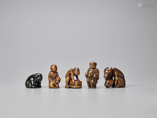 FIVE WOOD NETSUKE, THREE SIGNED