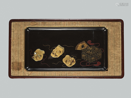 A LARGE LACQUER TRAY MOUNTED AS A WALL PANEL