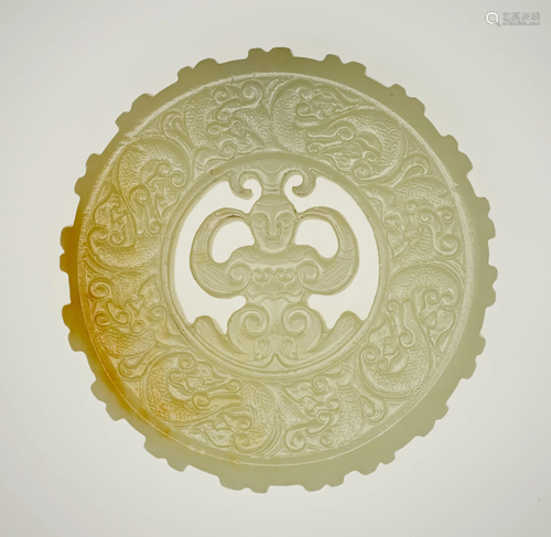 ORNAMENTAL JADE DISK WITH FEMALE DANCER,…