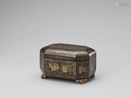 A CANTON LACQUER HEXAGONAL TEA CADDY WIT…