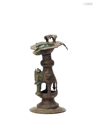 A BASTAR BRONZE ELEPHANT BASE OIL LAMP, 1…