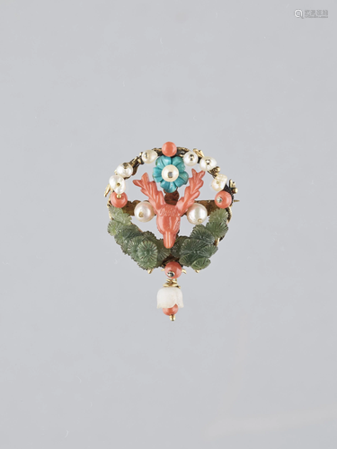 14K YELLOW GOLD, CORAL AND JADE BROOCH,…