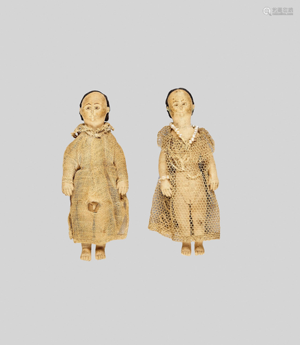 A PAIR OF BOY AND GIRL MINIATURE DOLLS, 19c.