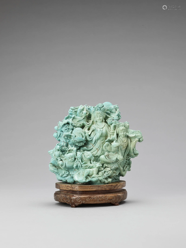 A TURQUOISE CARVING OF CELESTIAL DEITIES