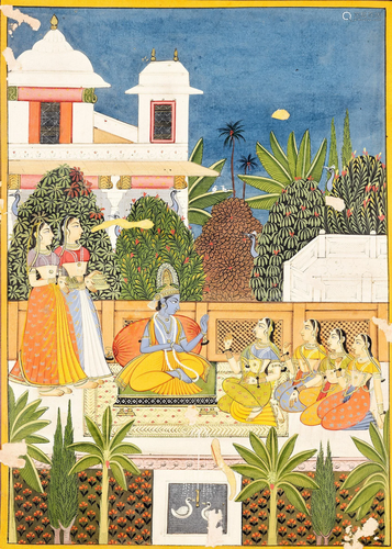 KRISHNA & RADHA WITH ATTENDANTS IN A PAL…