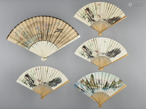 FIVE CHINESE AND JAPANESE FOLDING FANS