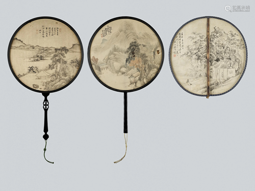 THREE SILK FAN PAINTINGS, QING