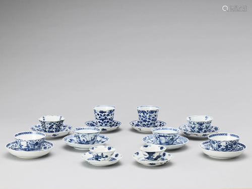 FIVE PAIRS OF BLUE AND WHITE CUPS WITH MAT…