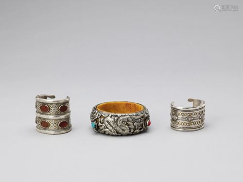 THREE PARCEL-GILT & GEMSTONE-INLAID SILVER BA…