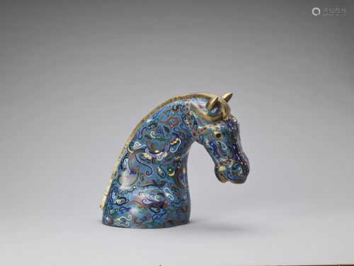 A GILT CLOISONNE ENAMEL HEAD OF A HORSE, …