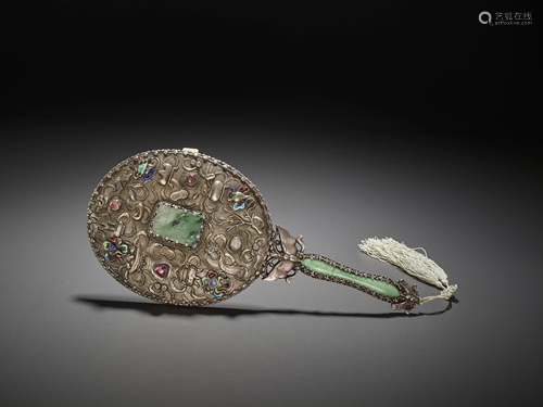 AN ENAMELED SILVER AND JADE HAND MIRROR, LA…