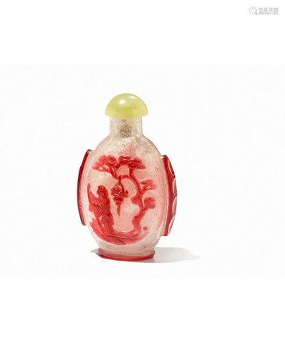 OVERLAY GLASS SNUFF BOTTLE WITH LOTUS POND, …