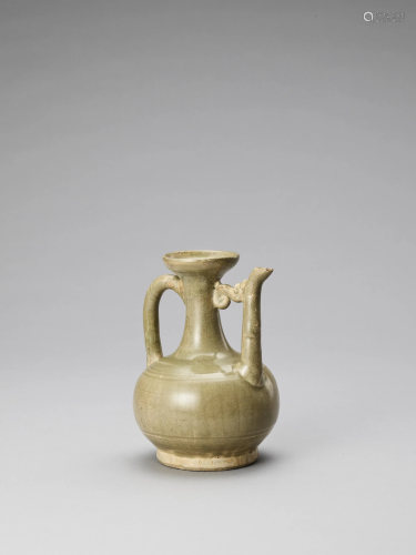 A CELADON GLAZED POTTERY EWER, TANG OR LIAO