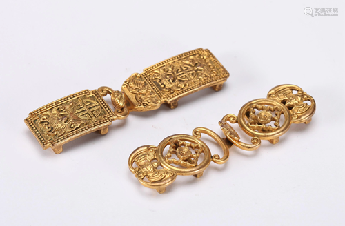 TWO CHINESE GILT BRONZE BELT HOOKS, QIAN…