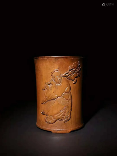 A CHINESE CARVED BOXWOOD BRUSH POT, QIN…