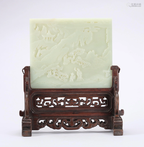 A CHINESE CARVED WHITE JADE TABLE SCREEN, …