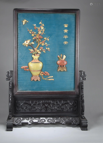 A CHINESE STONE INLAID AND LACQUERED TAB…